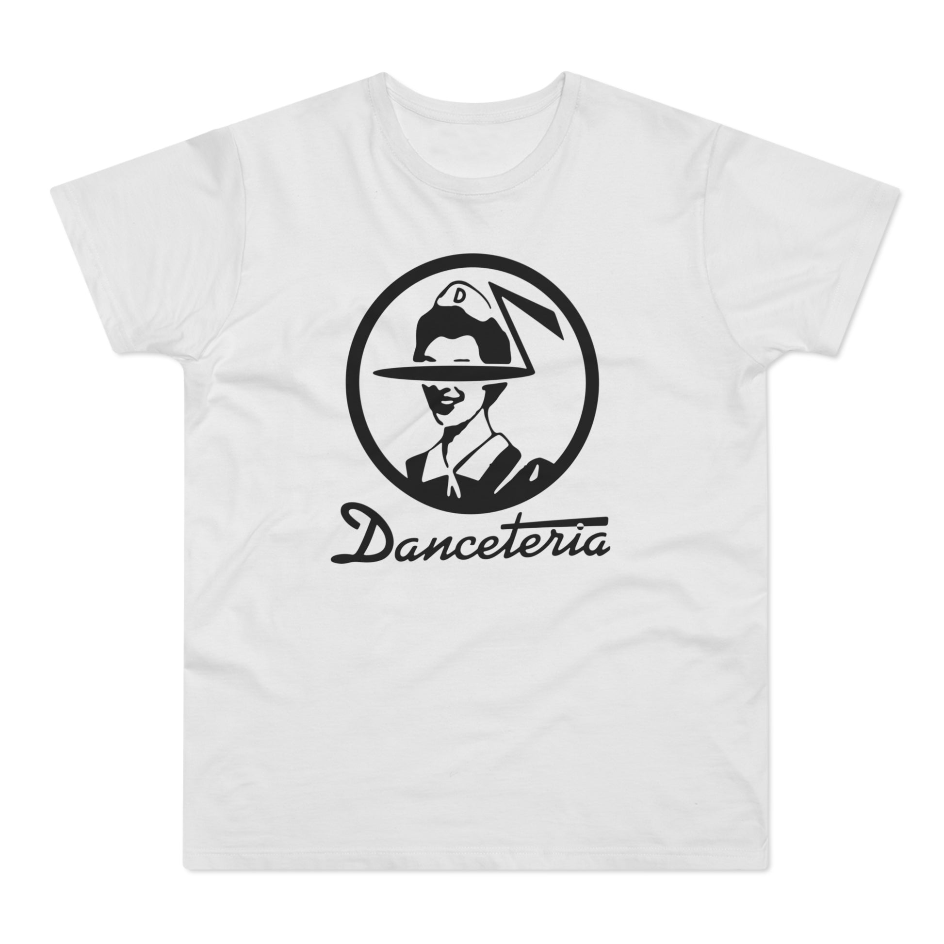 White t-shirt with black "DANCETERIA" logo featuring a stylized portrait in a circle.