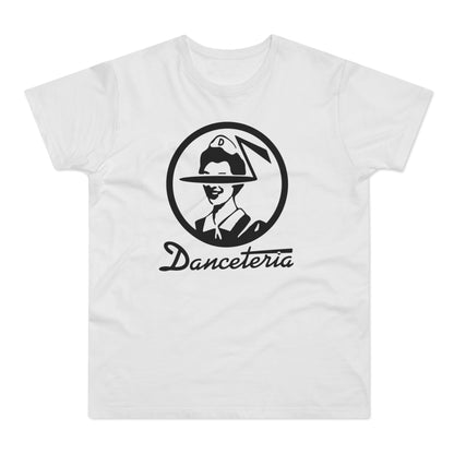 White t-shirt with black "DANCETERIA" logo featuring a stylized portrait in a circle.