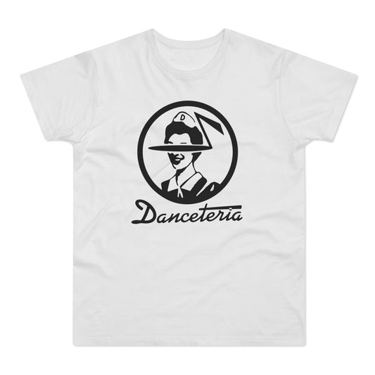 White t-shirt with black "DANCETERIA" logo featuring a stylized portrait in a circle.