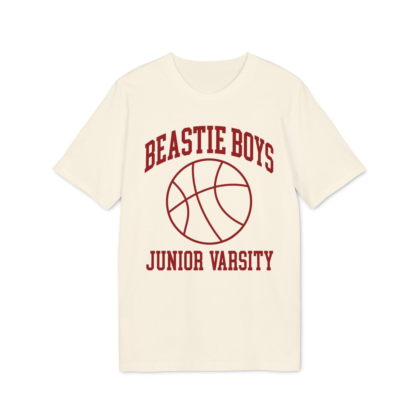 Cream t-shirt with "Beastie Boys Junior Varsity" text and a basketball graphic.
