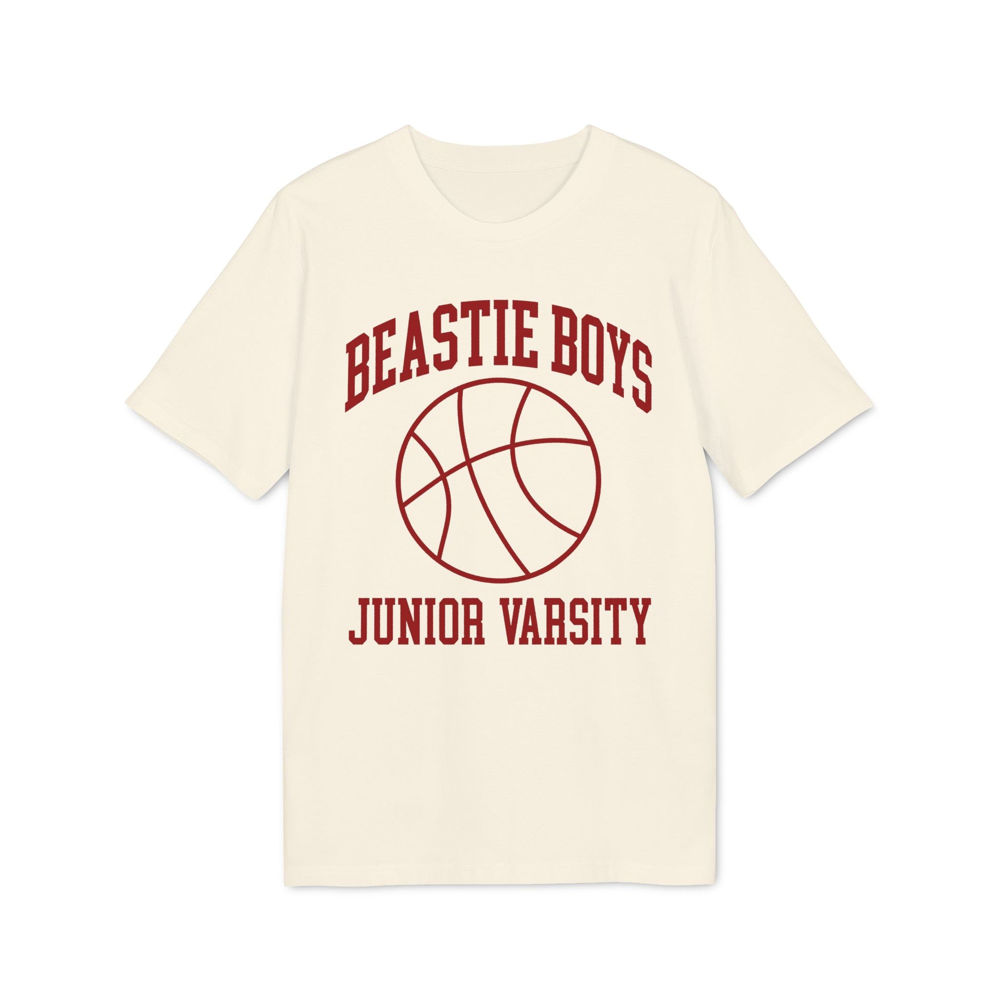 Cream t-shirt with "Beastie Boys Junior Varsity" text and a basketball graphic.