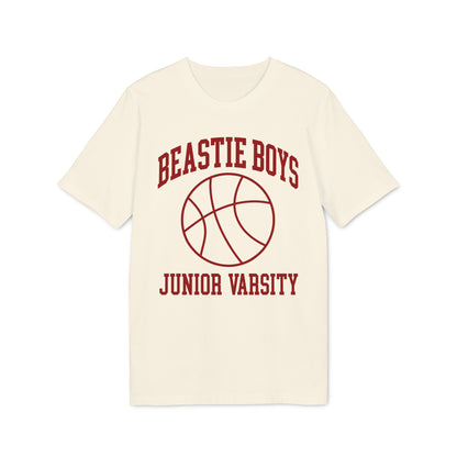 Cream t-shirt with "Beastie Boys Junior Varsity" text and a basketball graphic.