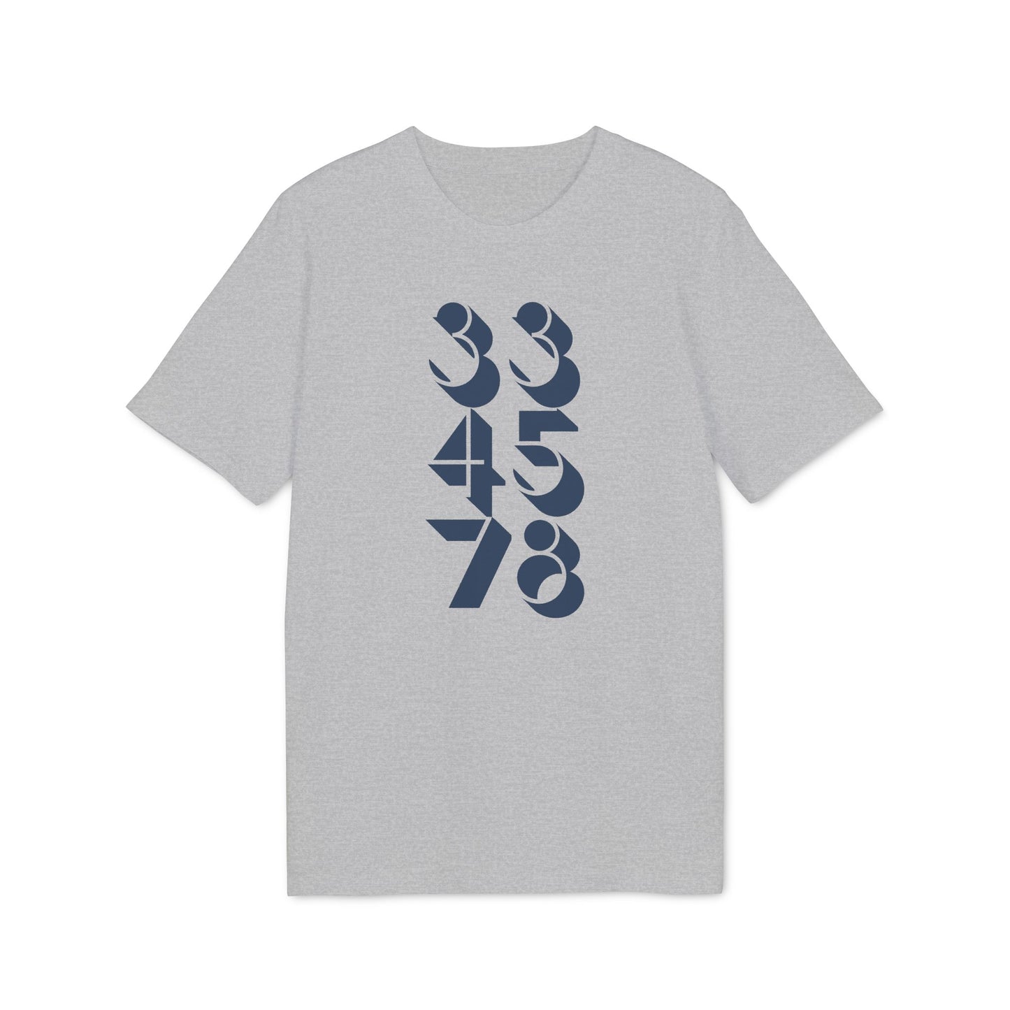 Grey t-shirt with dark blue stacked numbers: 33, 45, 78.