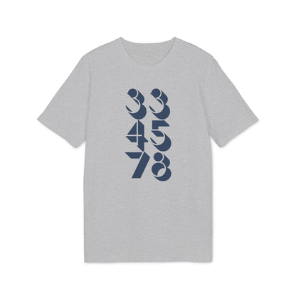 Grey t-shirt with dark blue stacked numbers: 33, 45, 78.