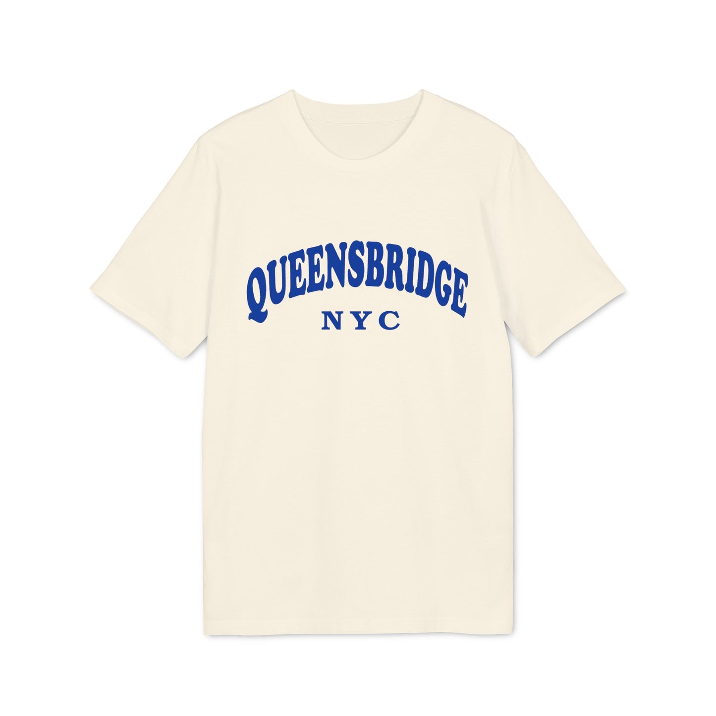 Cream t-shirt with "QUEENSBRIDGE NYC" in blue arched text.