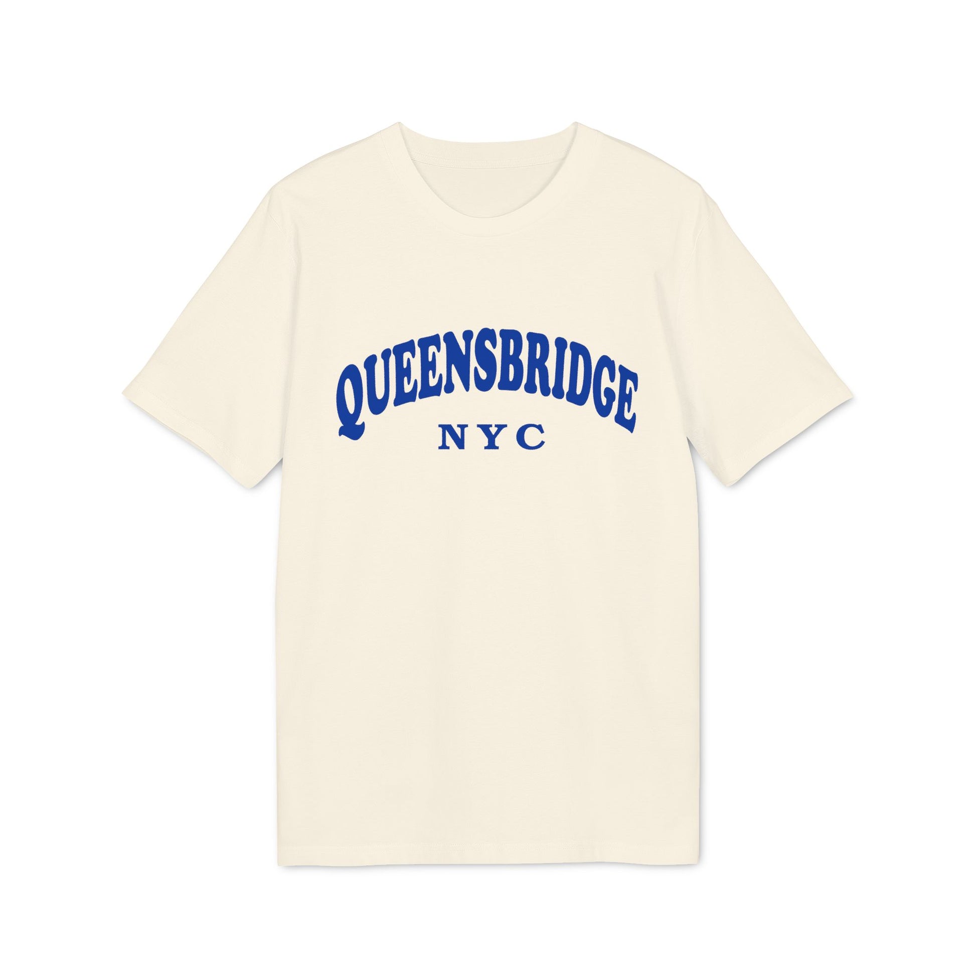 Cream t-shirt with "QUEENSBRIDGE NYC" in blue arched text.
