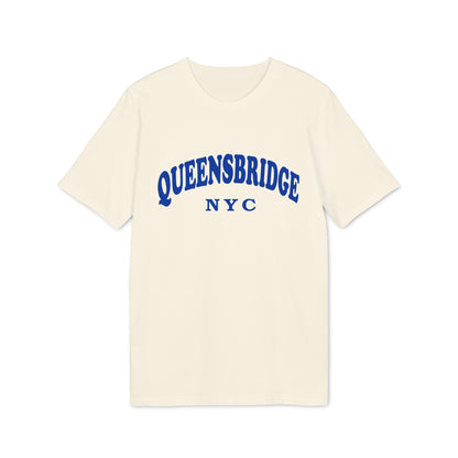 Cream t-shirt with "QUEENSBRIDGE NYC" in blue arched text.