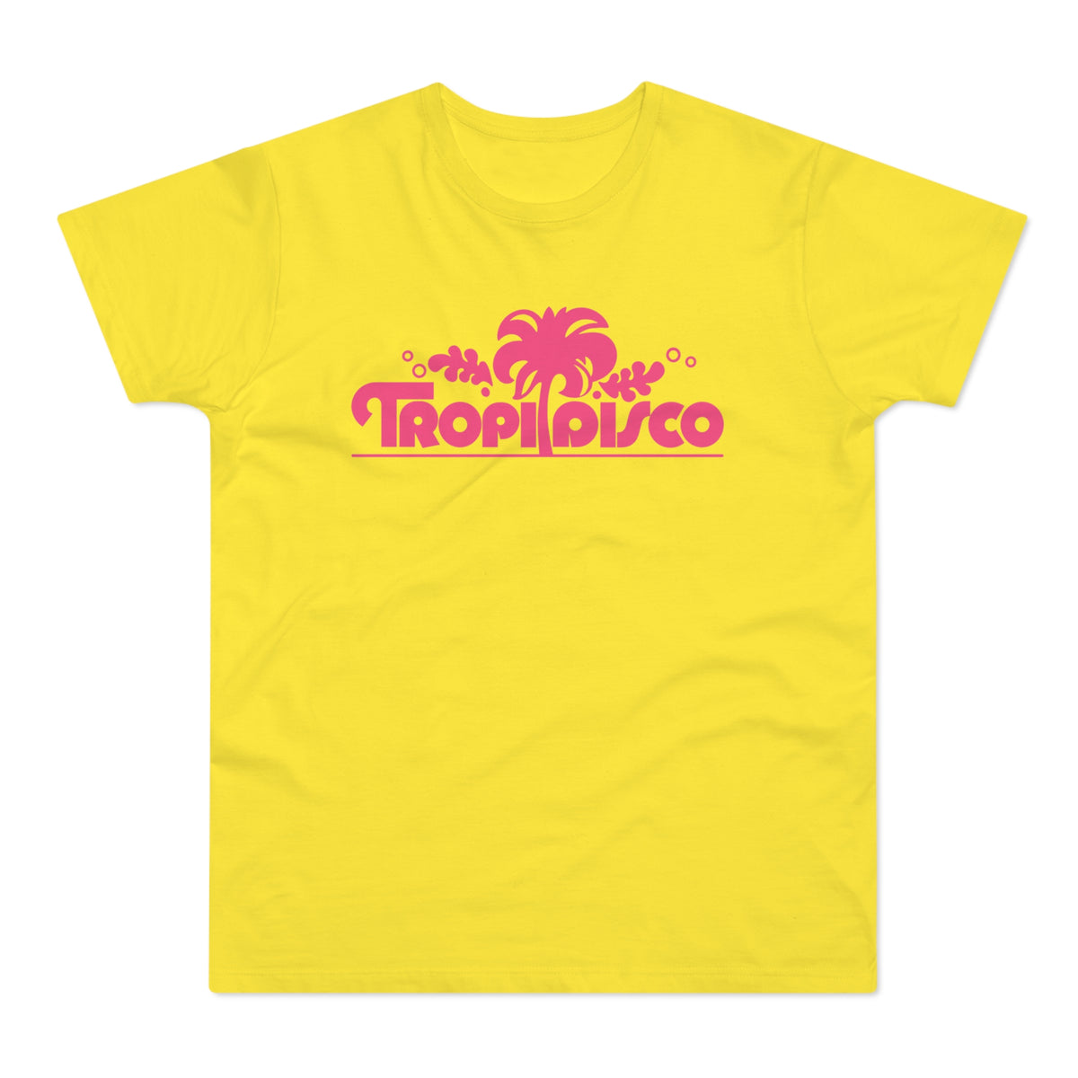 Yellow t-shirt with pink "Tropi Disco" text and palm tree graphic.