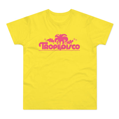 Yellow t-shirt with pink "Tropi Disco" text and palm tree graphic.