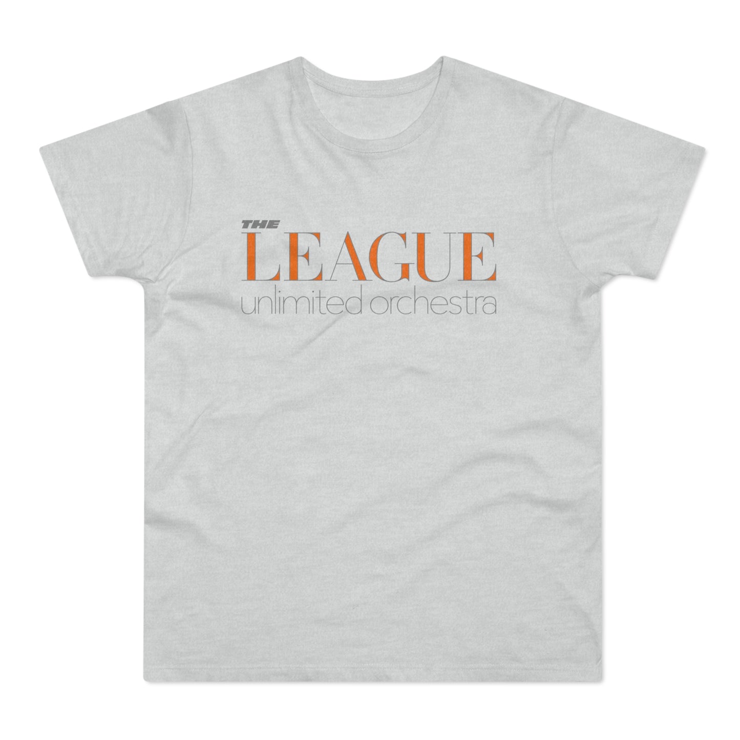 Light gray t-shirt with orange text reading "THE LEAGUE unlimited orchestra".