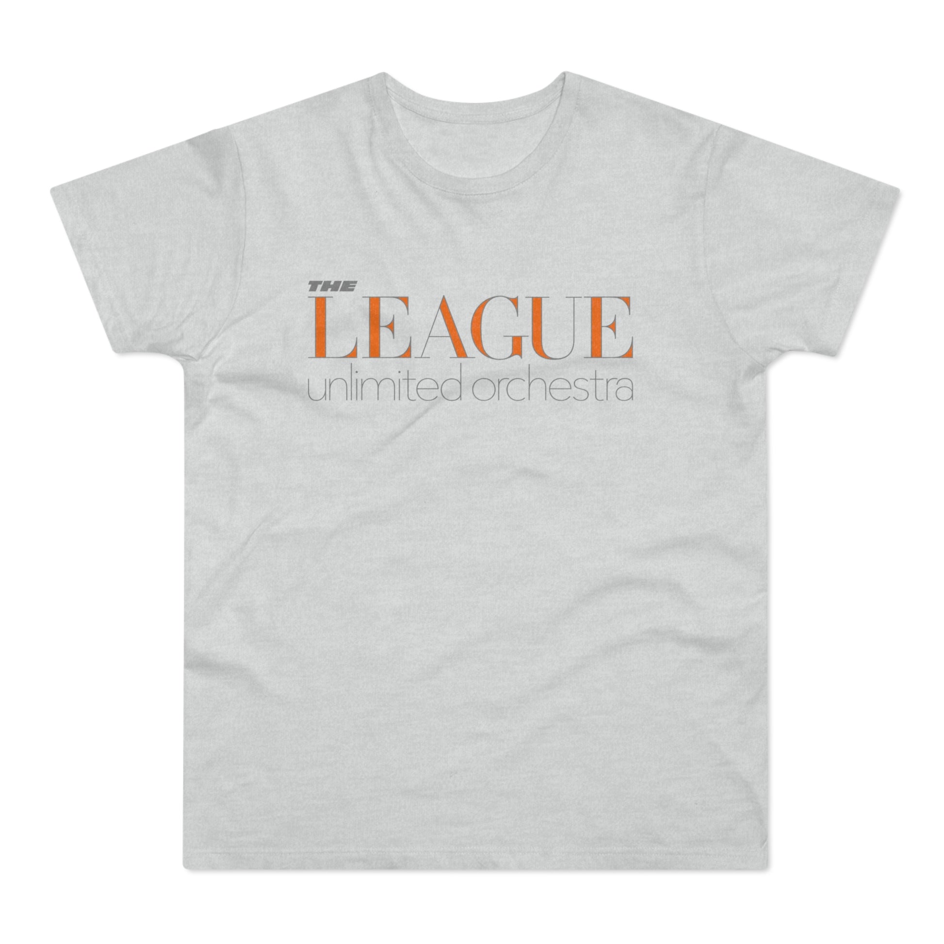 Light gray t-shirt with orange text reading "THE LEAGUE unlimited orchestra".