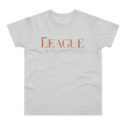 Light gray t-shirt with orange text reading "THE LEAGUE unlimited orchestra".