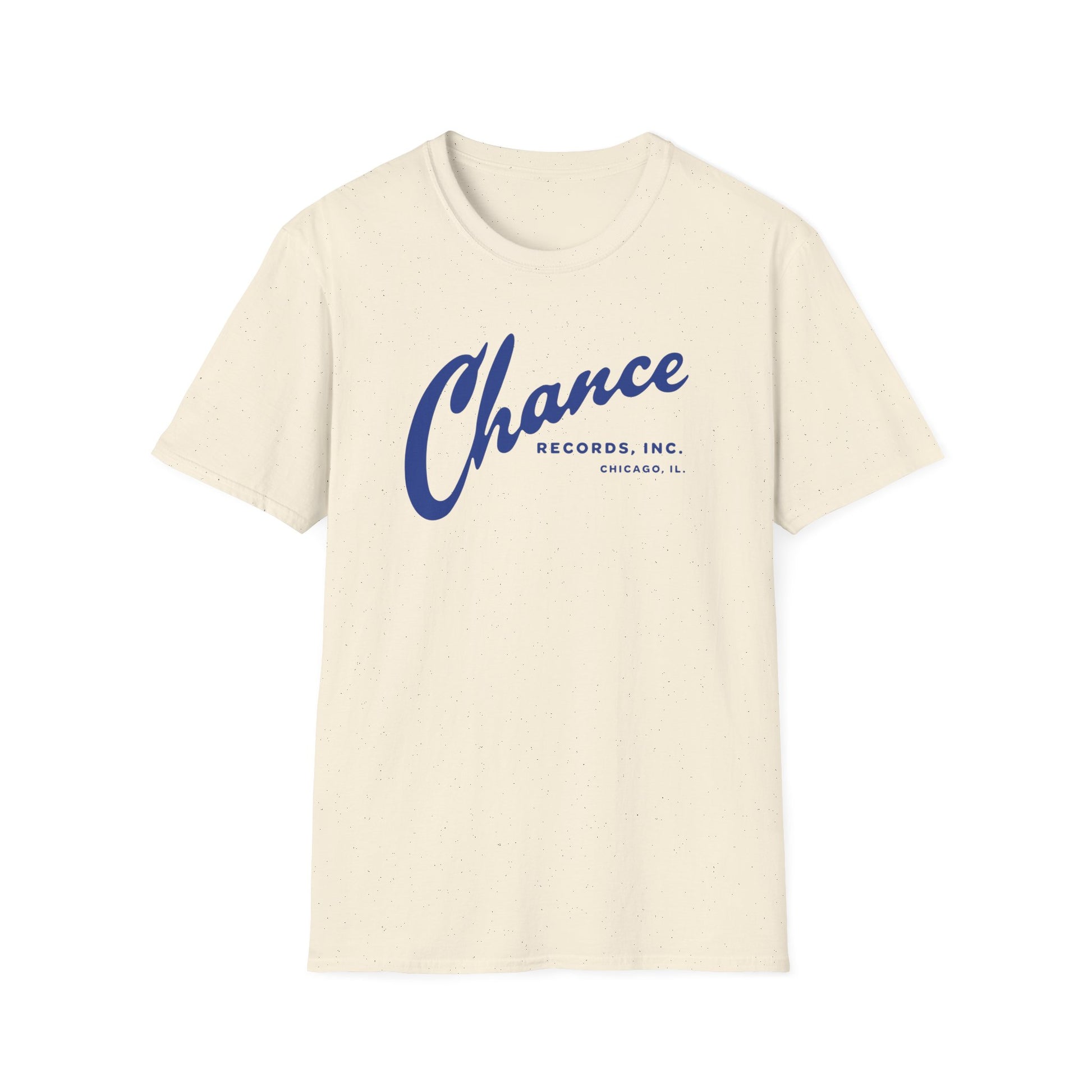 Cream t-shirt with blue "Chance Records, Inc. Chicago, IL" text logo.