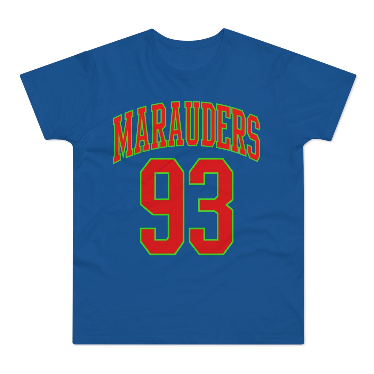 Blue t-shirt with "MARAUDERS" and "93" in red and green lettering.