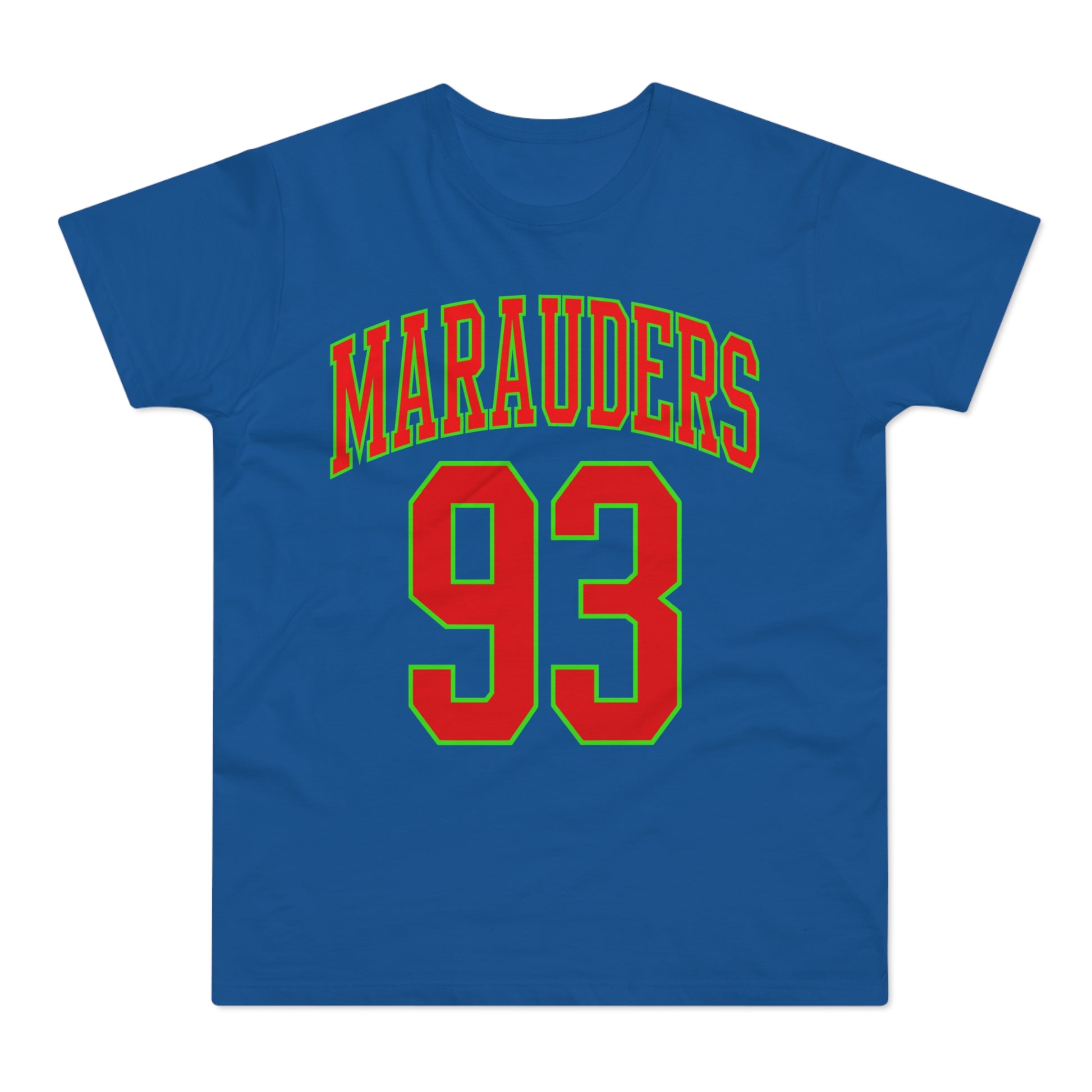 Blue t-shirt with "MARAUDERS" and "93" in red and green lettering.