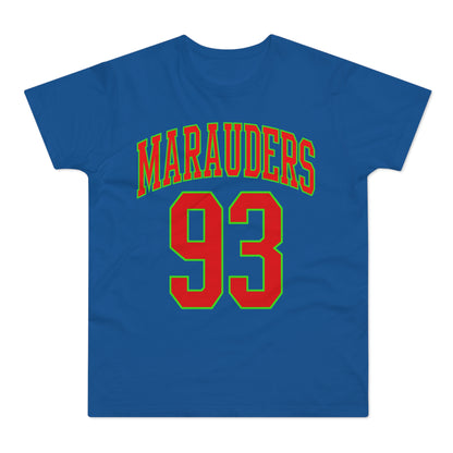 Blue t-shirt with "MARAUDERS" and "93" in red and green lettering.