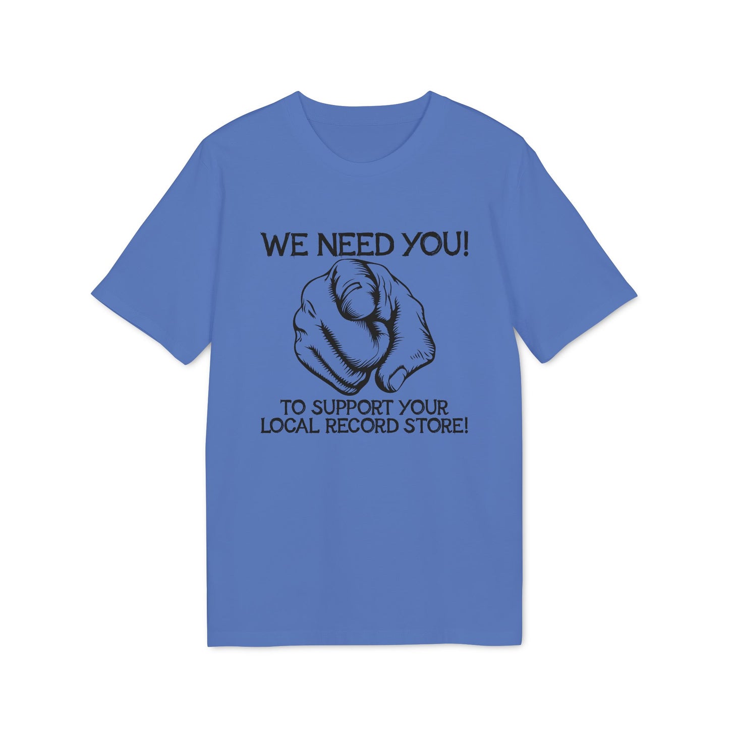 Blue t-shirt with black text and a pointing finger graphic.