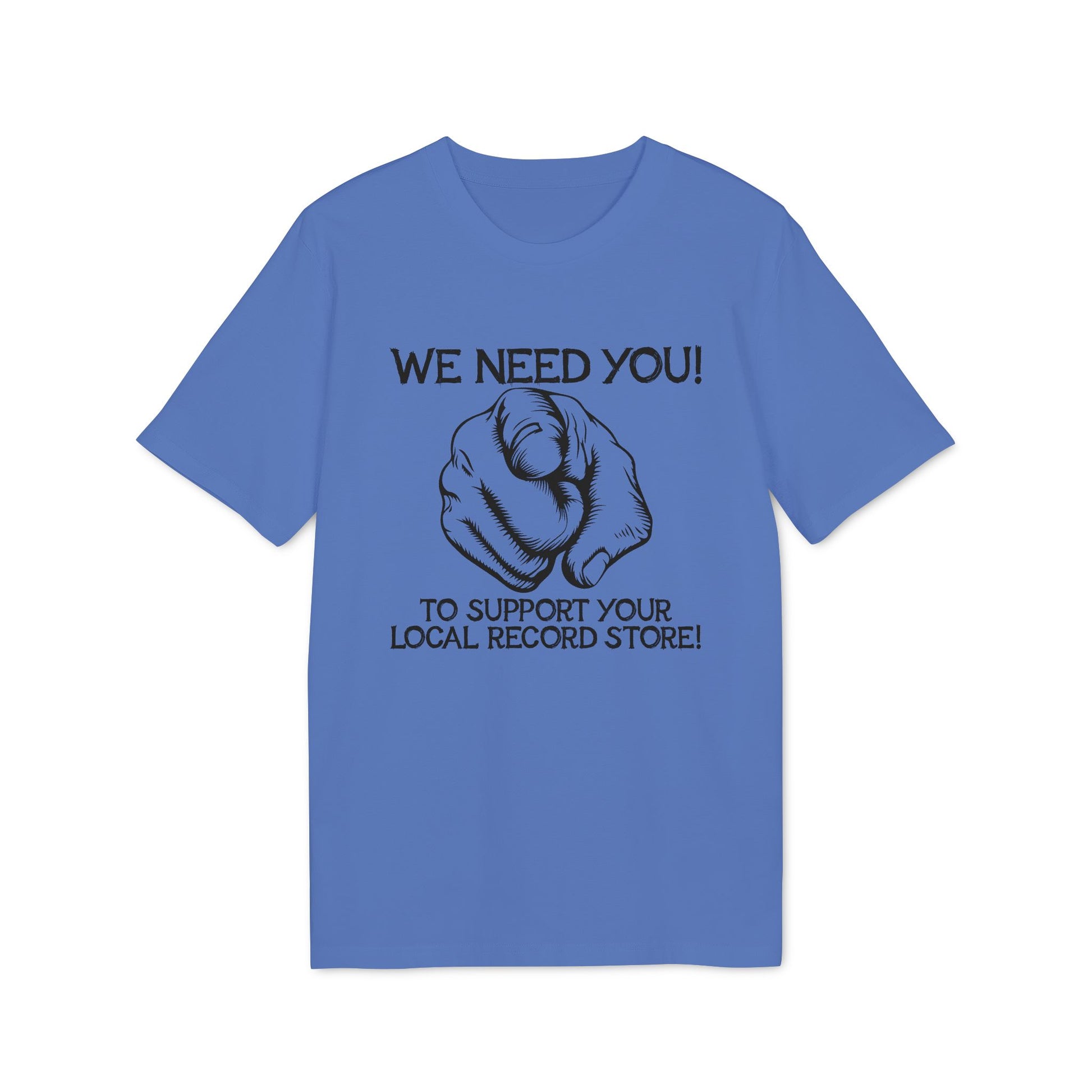 Blue t-shirt with black text and a pointing finger graphic.