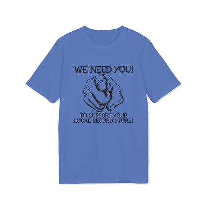 Blue t-shirt with black text and a pointing finger graphic.