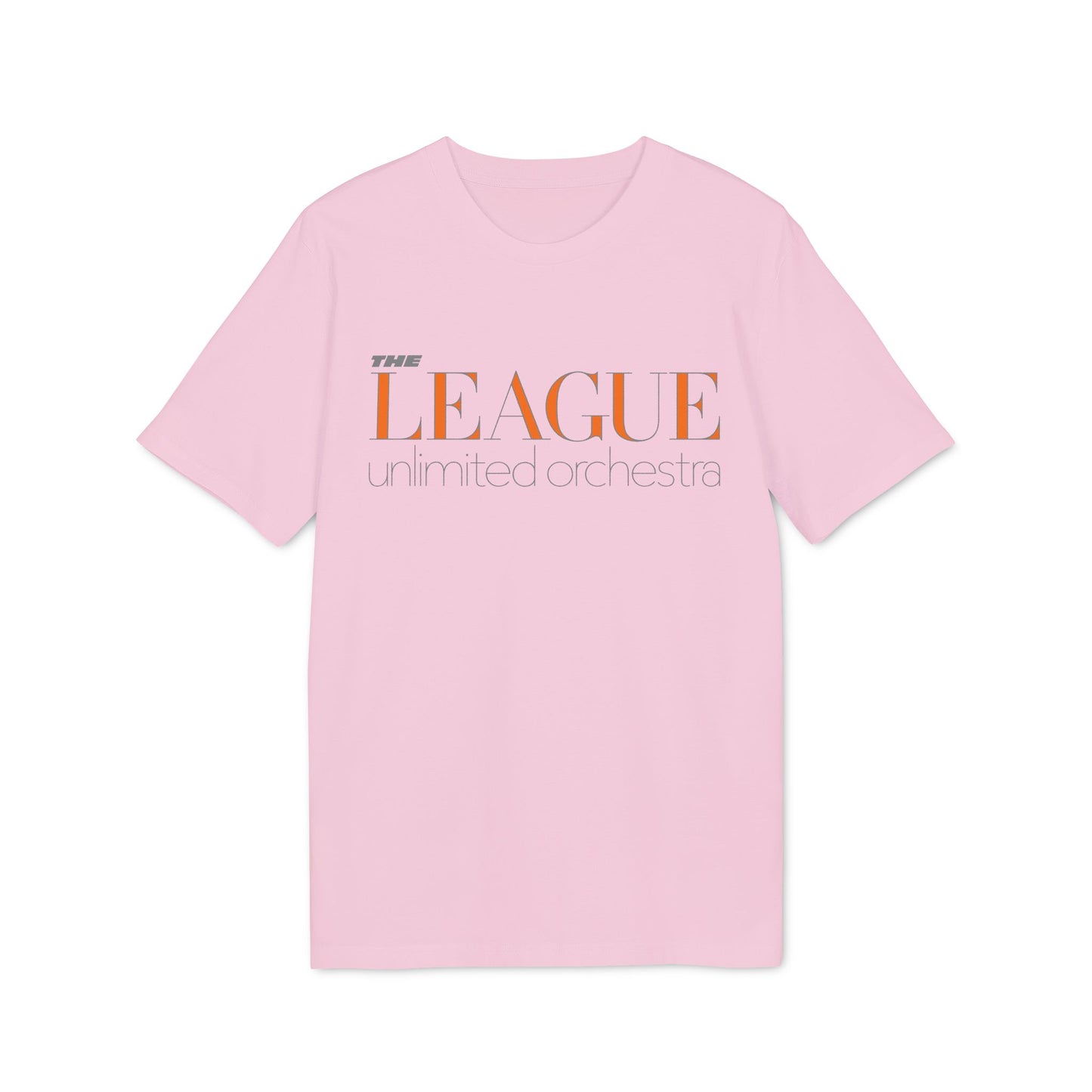 Light pink t-shirt with orange "THE LEAGUE" and grey "unlimited orchestra" text.