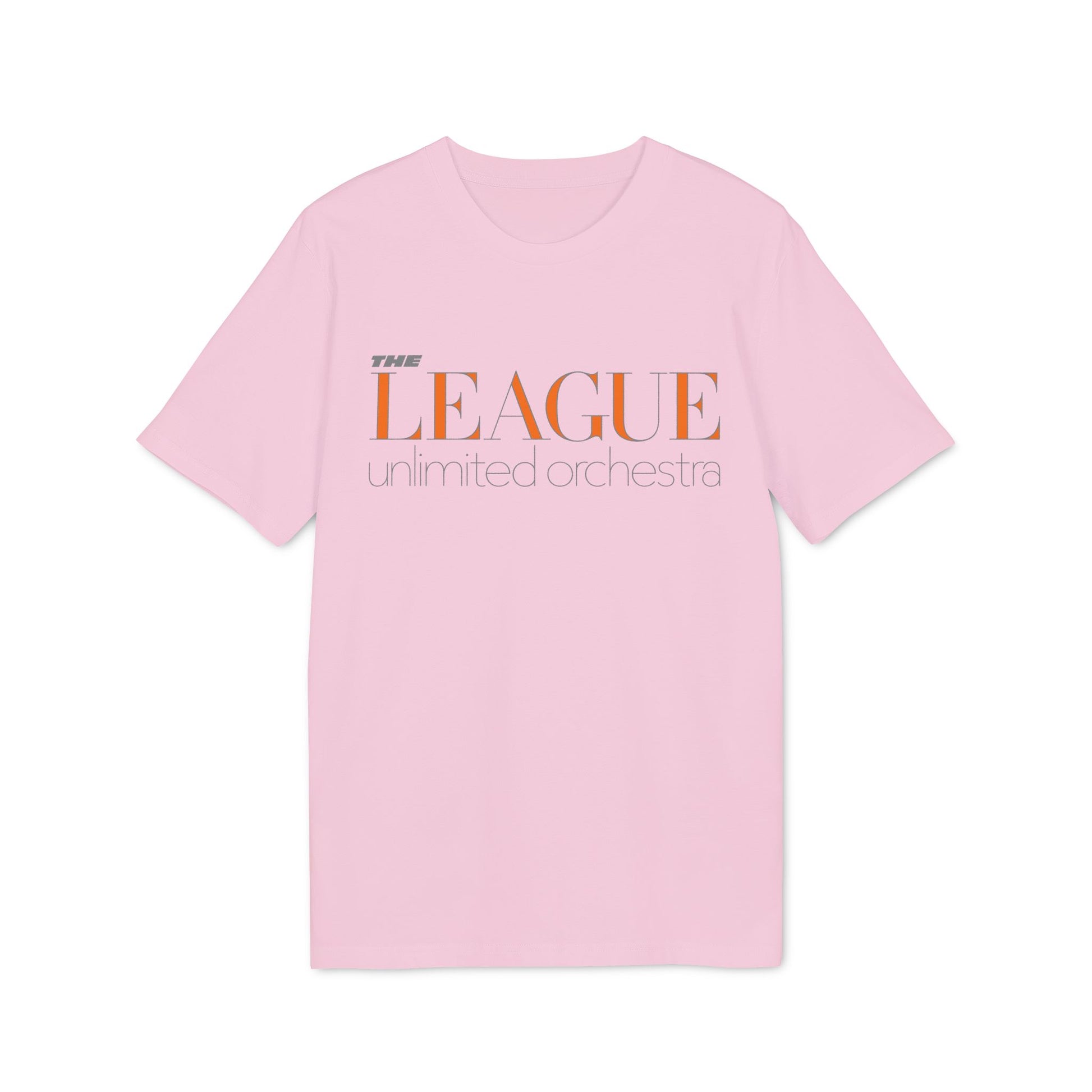 Light pink t-shirt with orange "THE LEAGUE" and grey "unlimited orchestra" text.