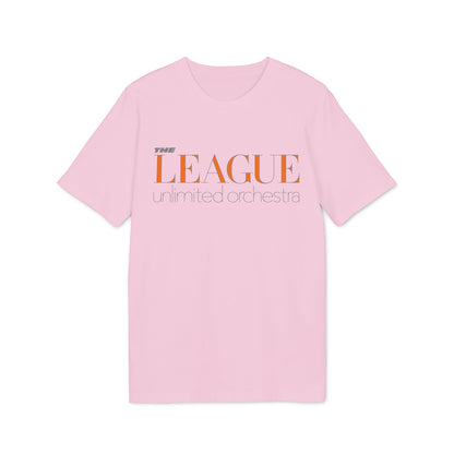 Light pink t-shirt with orange "THE LEAGUE" and grey "unlimited orchestra" text.