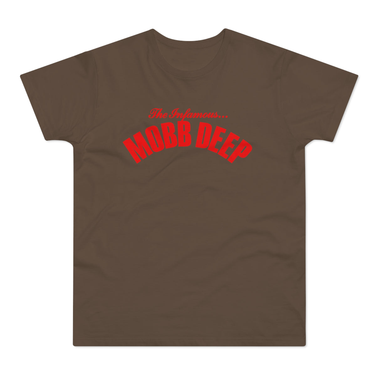 Brown t-shirt with red "The Infamous... MOBB DEEP" text.