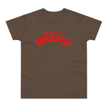 Brown t-shirt with red "The Infamous... MOBB DEEP" text.