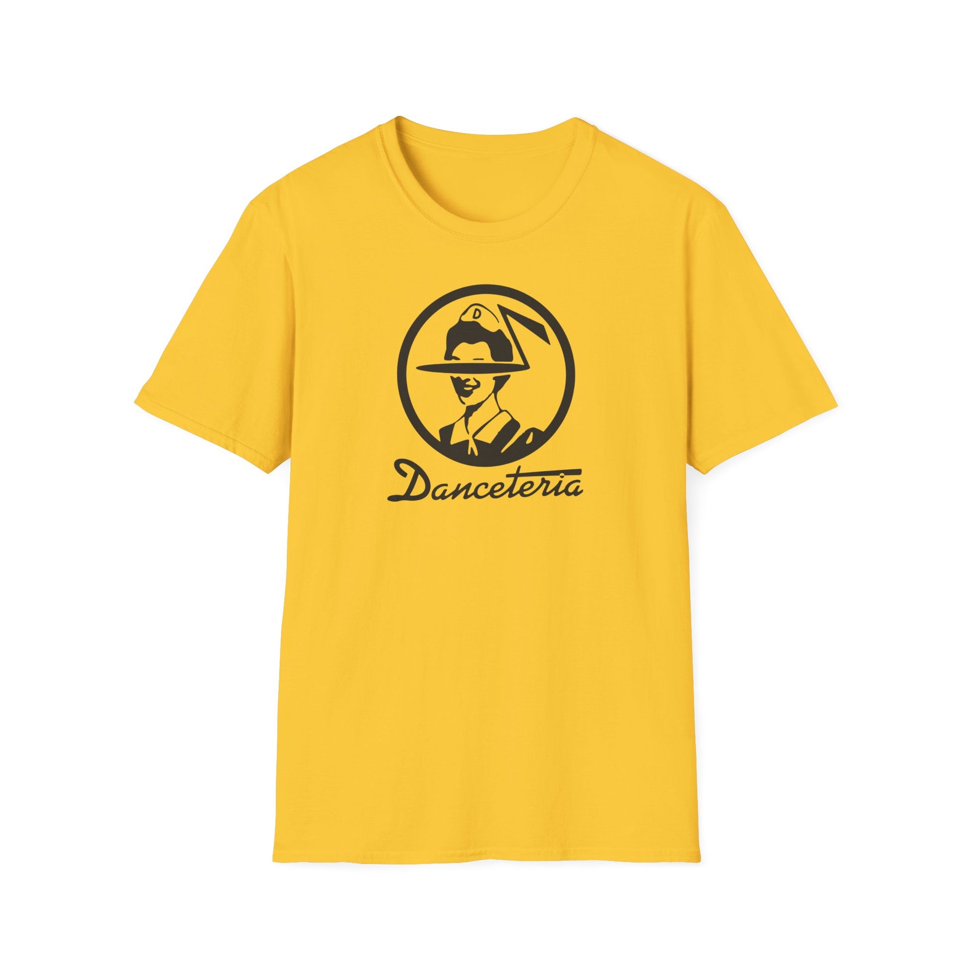 Yellow t-shirt with black graphic of person wearing a hat and "Danceteria" text.