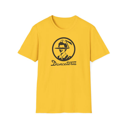 Yellow t-shirt with black graphic of person wearing a hat and "Danceteria" text.