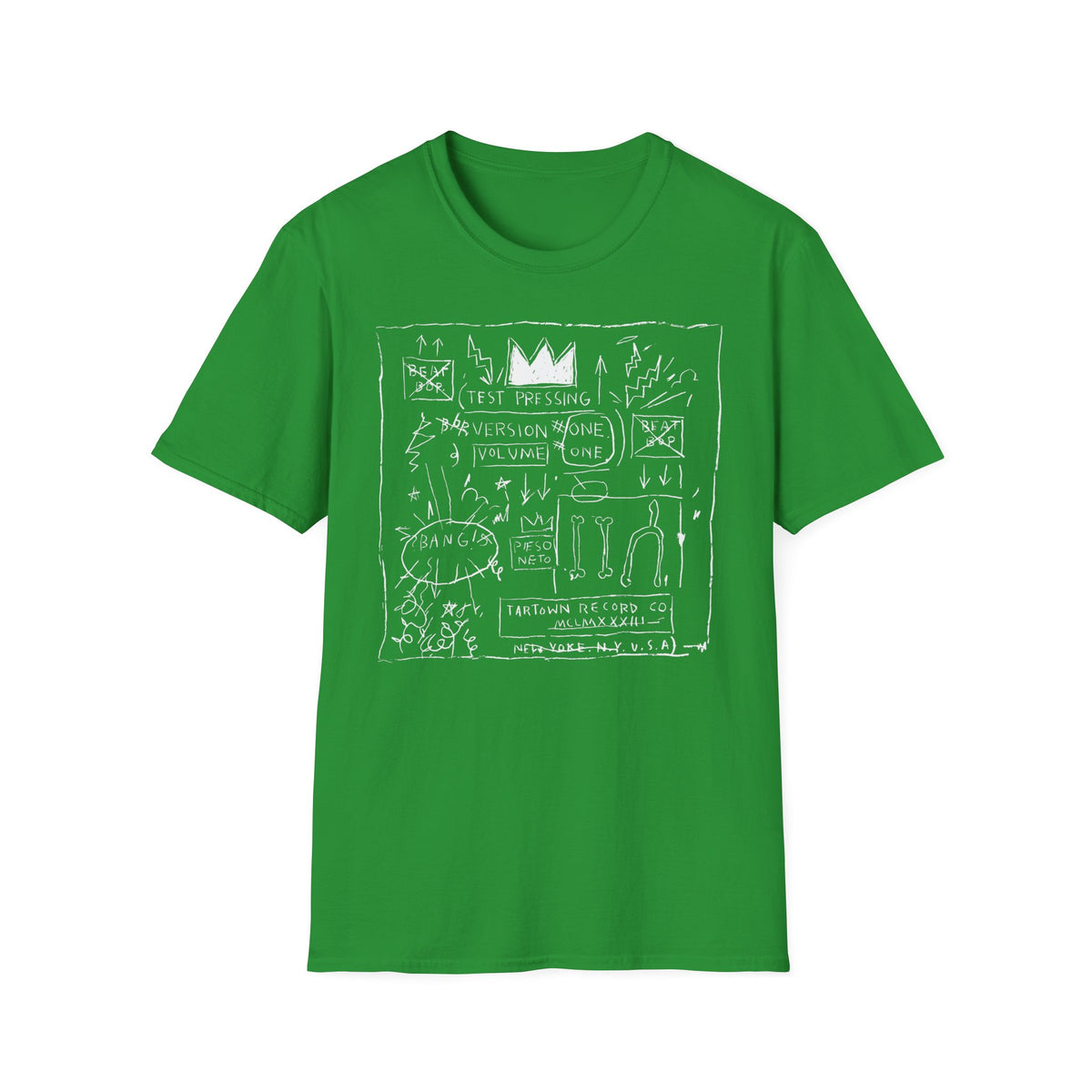 Green t-shirt with white Basquiat-style drawing featuring a crown and text.