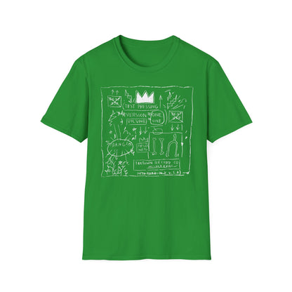 Green t-shirt with white Basquiat-style drawing featuring a crown and text.