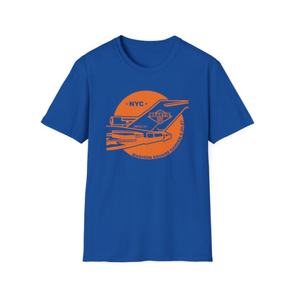 Blue t-shirt with orange NYC Madison Square Garden 8.20.87 graphic.