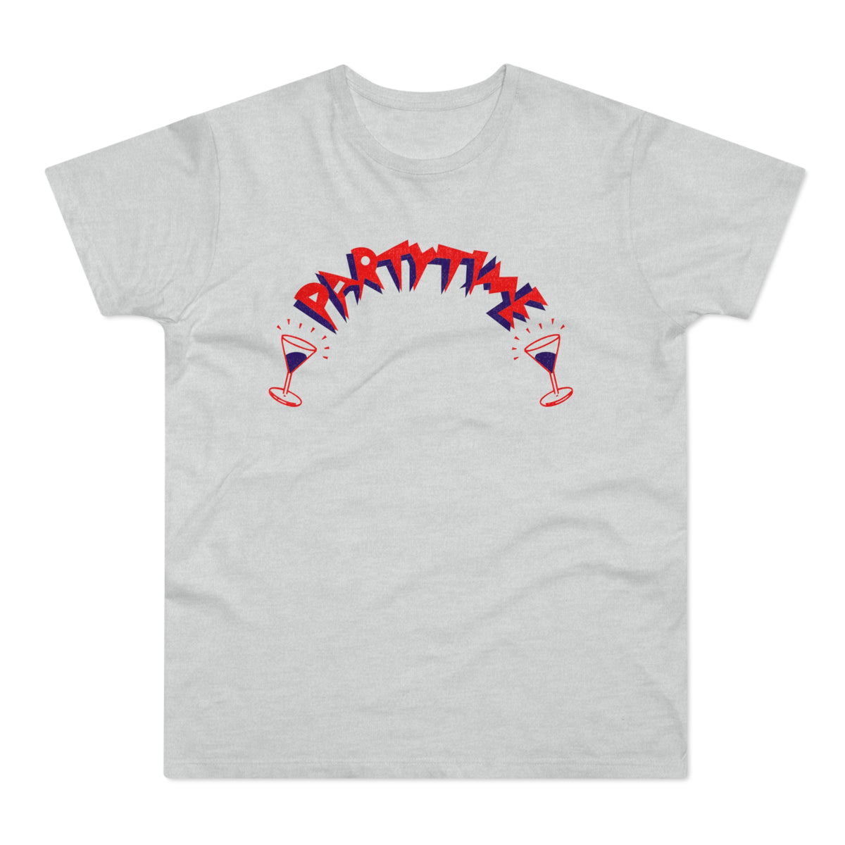A light gray t-shirt with red and blue graphic text reading "PARTY TIME" above two cocktail glasses.