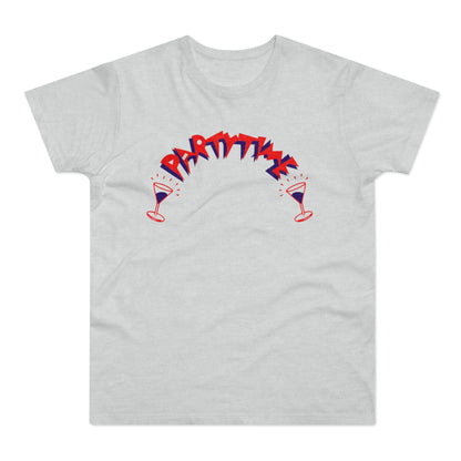 A light gray t-shirt with red and blue graphic text reading "PARTY TIME" above two cocktail glasses.