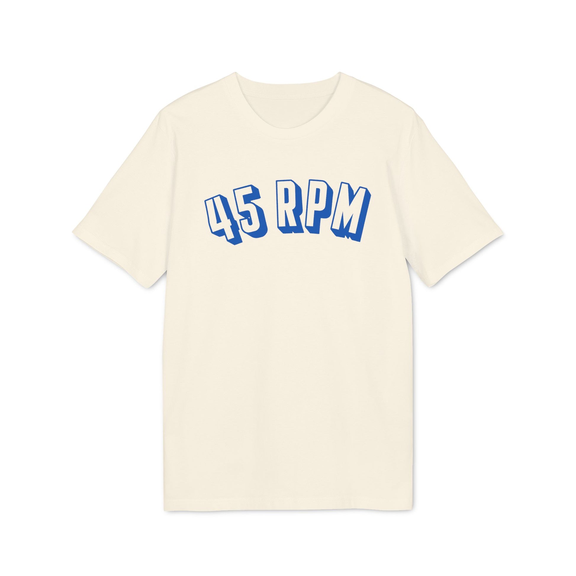 Cream t-shirt with blue "45 RPM" graphic text.