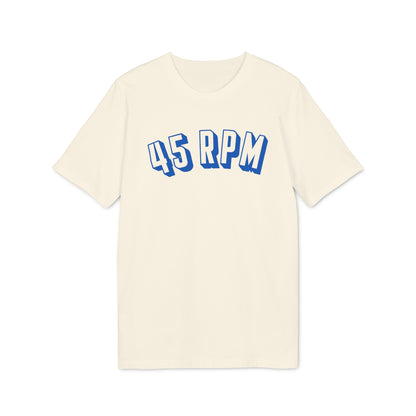 Cream t-shirt with blue "45 RPM" graphic text.