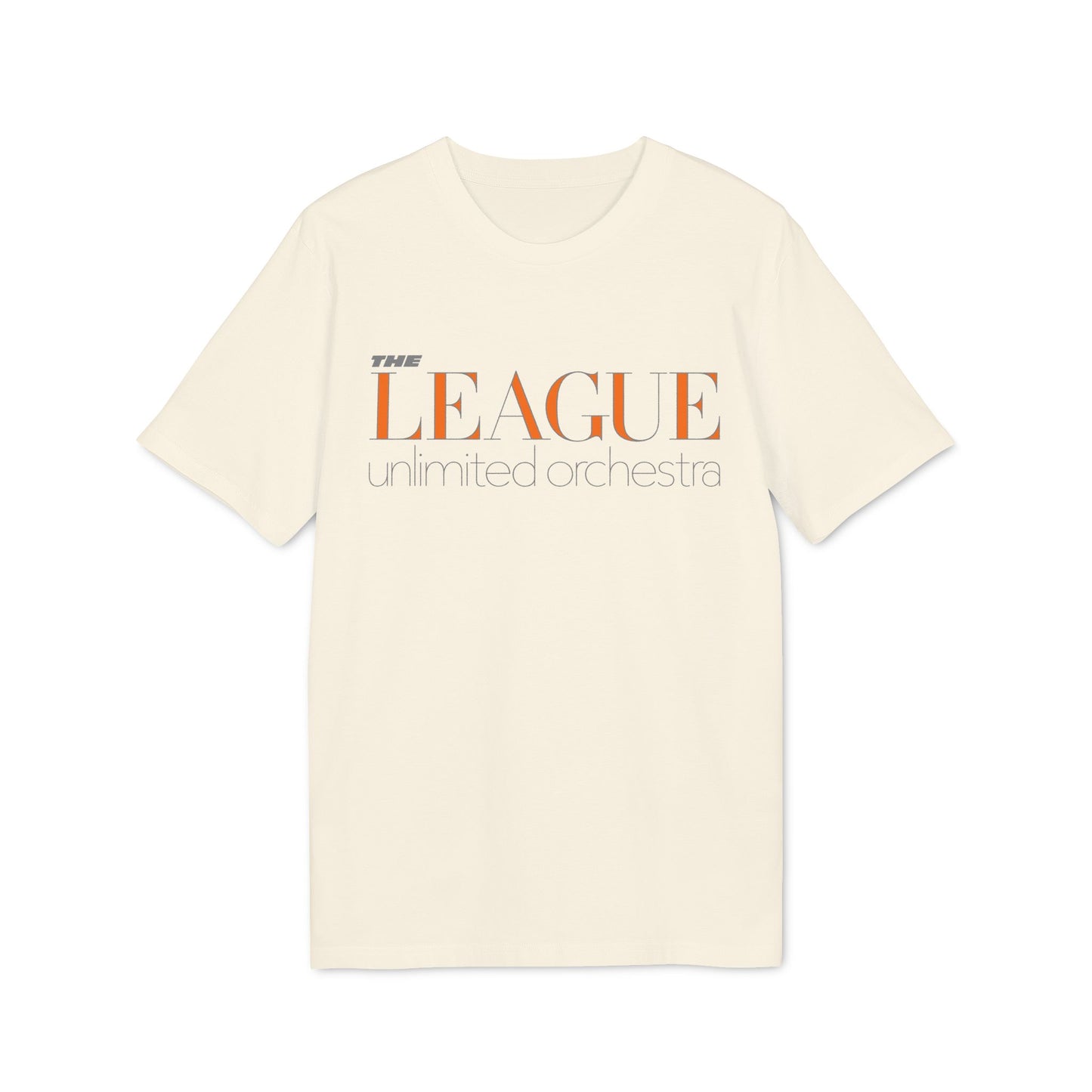 Cream t-shirt with orange and gray text reading "The League Unlimited Orchestra."