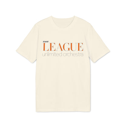 Cream t-shirt with orange and gray text reading "The League Unlimited Orchestra."