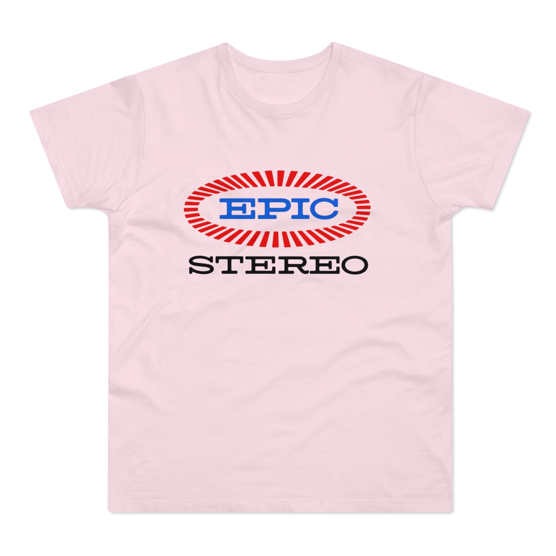 Pink t-shirt with "EPIC STEREO" logo in blue and red.