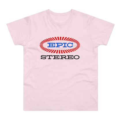 Pink t-shirt with "EPIC STEREO" logo in blue and red.