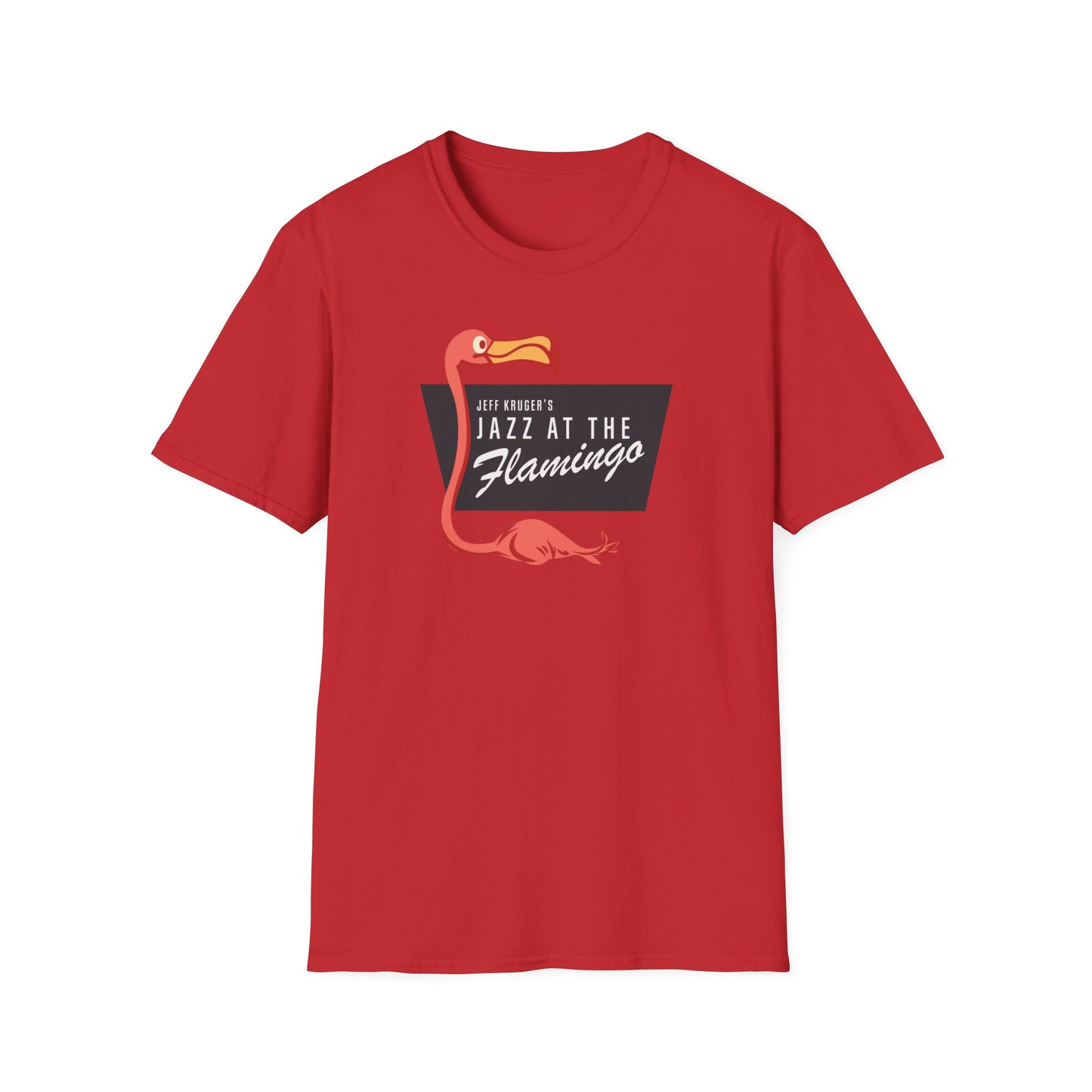 Red t-shirt with a cartoon flamingo and text "Jeff Kruger's Jazz at the Flamingo."