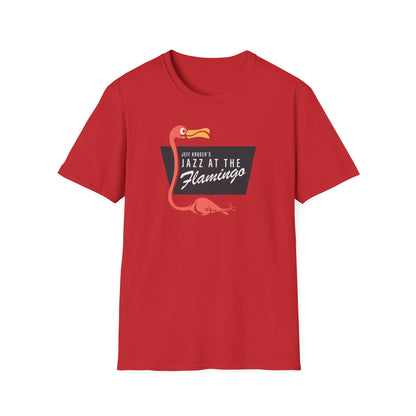 Red t-shirt with a cartoon flamingo and text "Jeff Kruger's Jazz at the Flamingo."