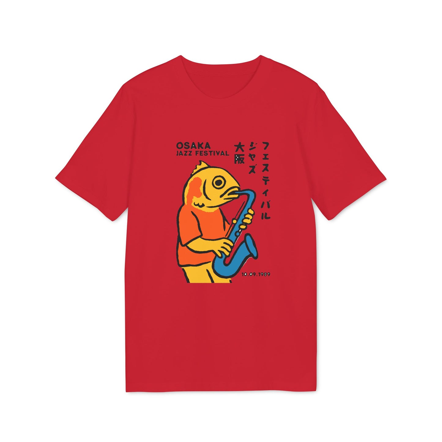 Red t-shirt with cartoon fish playing saxophone, text says Osaka Jazz Festival.
