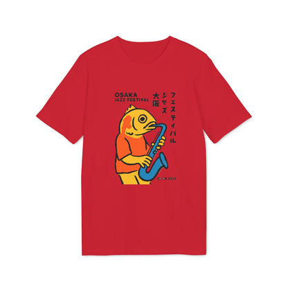 Red t-shirt with cartoon fish playing saxophone, text says Osaka Jazz Festival.