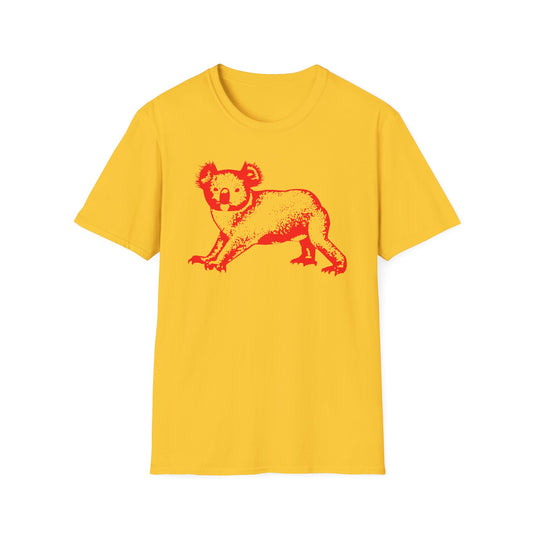 Yellow t-shirt with red koala graphic print.