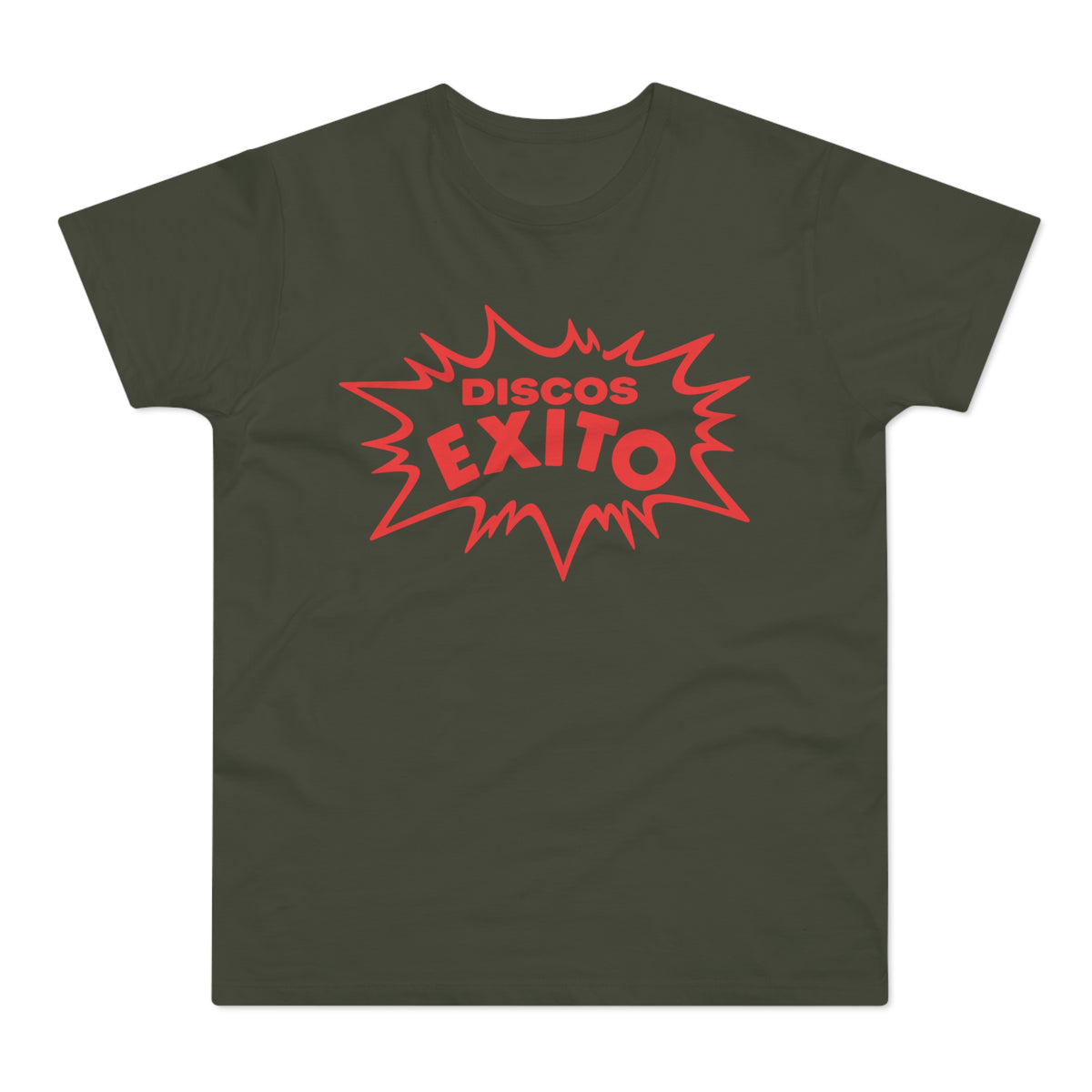Dark olive green t-shirt with red "DISCOS EXITO" text in a starburst.