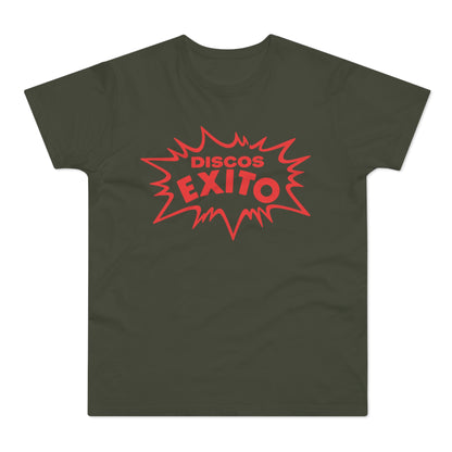 Dark olive green t-shirt with red "DISCOS EXITO" text in a starburst.