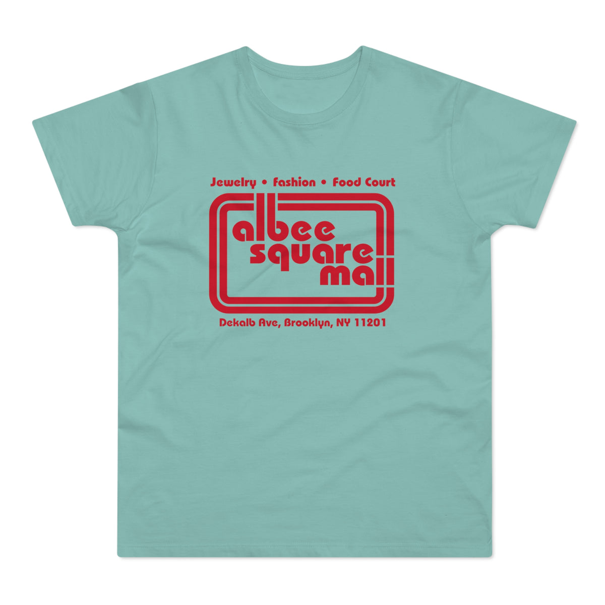 Light blue t-shirt with red "Albee Square Mall" logo and location.