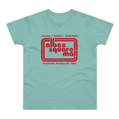 Light blue t-shirt with red "Albee Square Mall" logo and location.